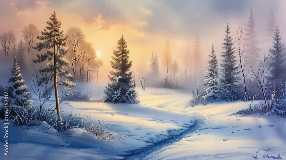 serene winter landscape featuring snow covered trees and tranquil path. soft light of dawn creates peaceful atmosphere, inviting viewers to experience beauty of nature serene winter landscape featuring snow covered trees and tranquil path. soft light of dawn creates peaceful atmosphere, inviting viewers to experience beauty of nature
