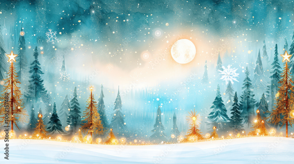serene winter landscape featuring snow covered trees, twinkling lights, and glowing moon. watercolor effect adds magical touch to this festive scene serene winter landscape featuring snow covered trees, twinkling lights, and glowing moon. watercolor effect adds magical touch to this festive scene