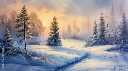 Wallpaper Mural serene winter landscape featuring snow covered trees and tranquil path. soft light of dawn creates peaceful atmosphere, inviting viewers to experience beauty of nature Torontodigital.ca