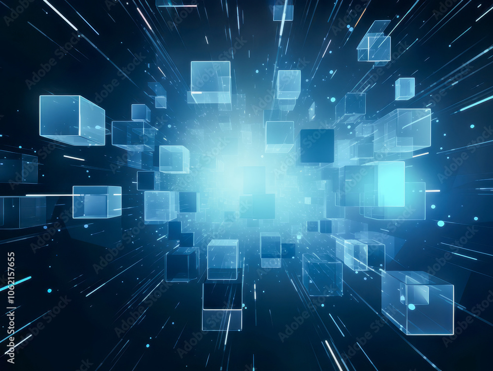 Futuristic Dark Blue Digital Background with Floating Transparent Cubes and Light Trails in Depth Perspective Futuristic Dark Blue Digital Background with Floating Transparent Cubes and Light Trails in Depth Perspective
