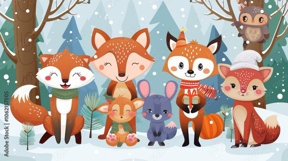 Obraz premium Whimsical cartoon animals gather in snowy forest, showcasing joyful winter scene filled with playful expressions and festive attire