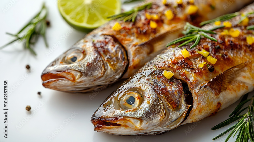 Freshly grilled fish with rosemary and lemon served on a white plate Freshly grilled fish with rosemary and lemon served on a white plate