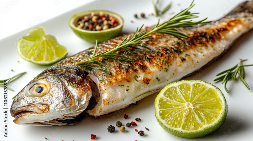 Grilled fish served with lime and herbs on a white plate Grilled fish served with lime and herbs on a white plate