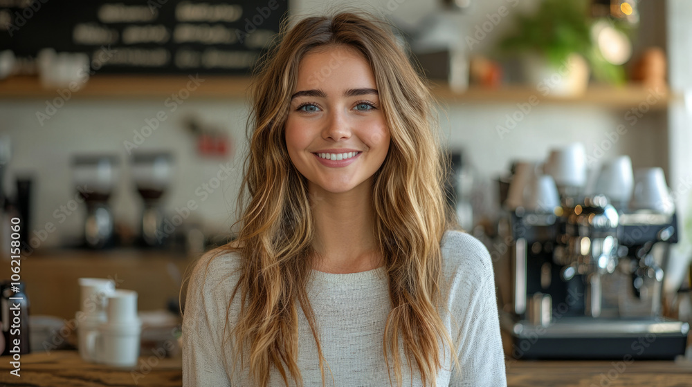 Young woman with long hair smiling inside a cozy coffee shop Young woman with long hair smiling inside a cozy coffee shop