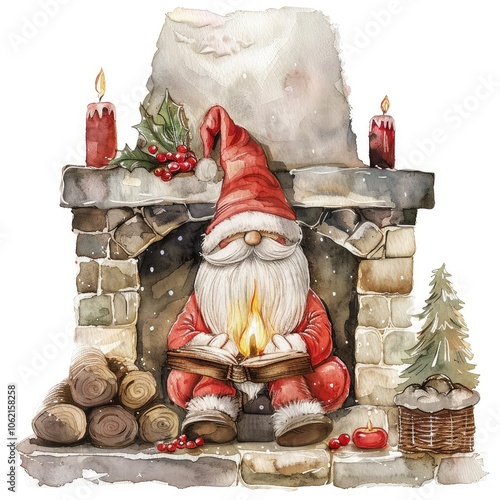 A jolly gnome sits by a fireplace reading. photo