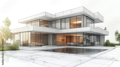 architectural blueprint of a contemporary home, detailed sketches and measurements, planning stage in focus