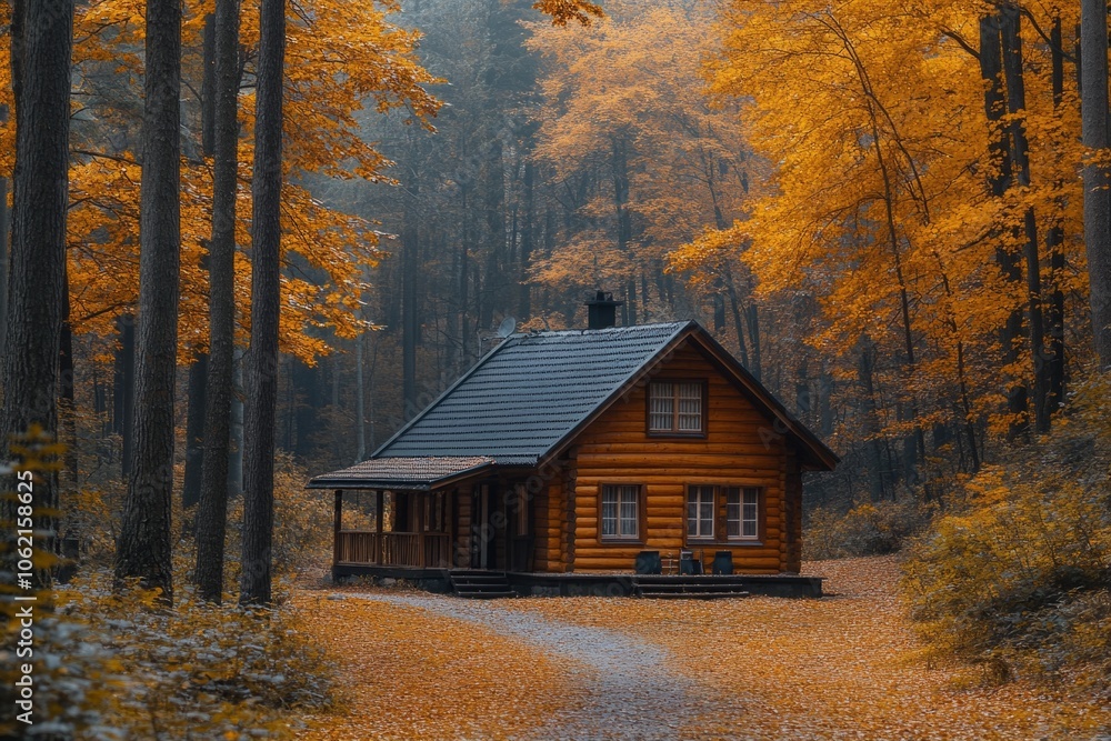 Cozy wooden cabin nestled in a vibrant autumn forest Cozy wooden cabin nestled in a vibrant autumn forest