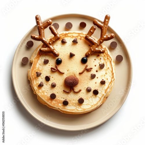 Cute reindeer pancake with chocolate chips. photo