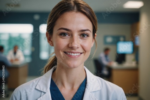 Close portrait of a smiling young American woman doctor looking at the camera, American hospital blurred background