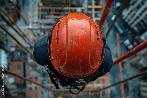 Rope access technician wearing orange helmet working at height photo