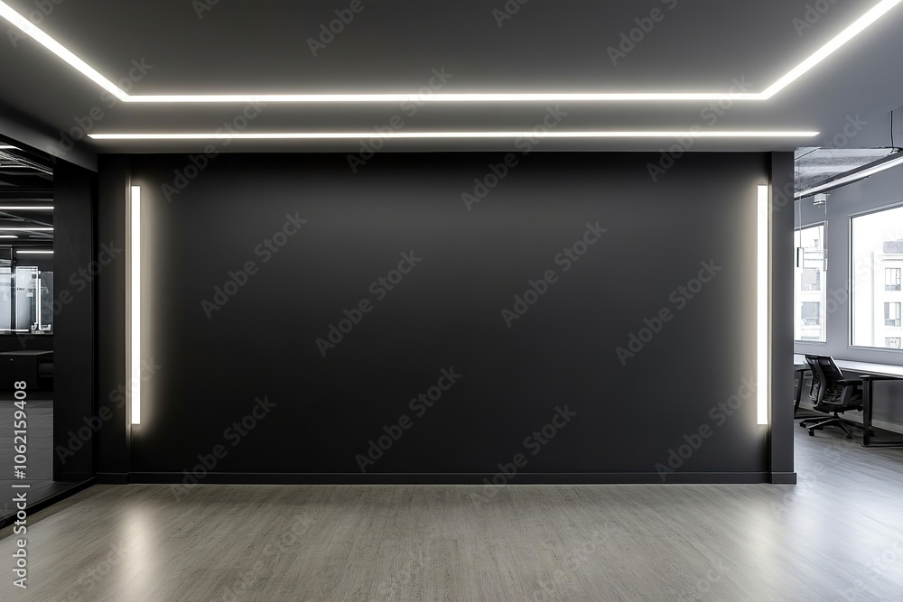Modern office interior with glowing neon lights and dark walls Modern office interior with glowing neon lights and dark walls