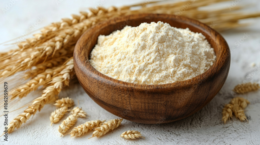 Wheat flour in wooden bowl with wheat stalks on rustic surface background Wheat flour in wooden bowl with wheat stalks on rustic surface background