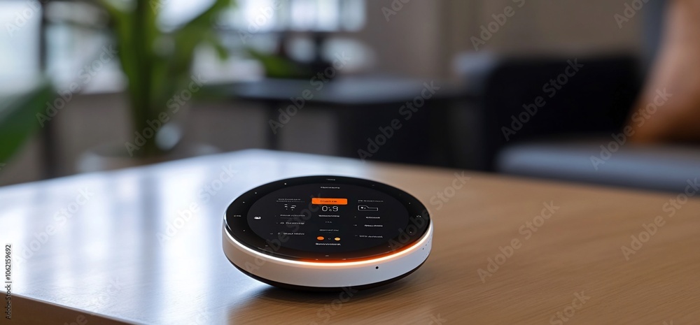 A modern smart home device with a touch screen display and orange glow sits on a wooden table in a living room. A modern smart home device with a touch screen display and orange glow sits on a wooden table in a living room.