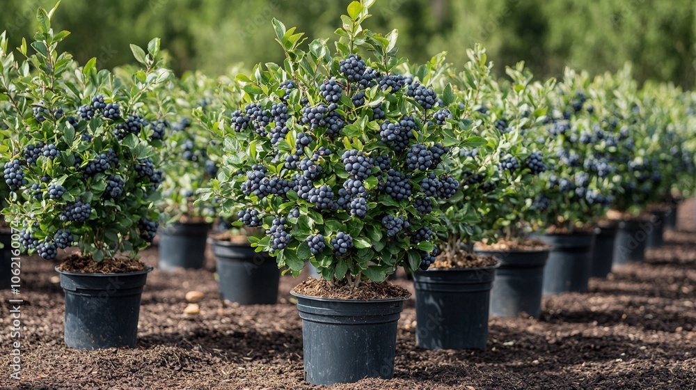 Potted blueberry plants arranged in rows, showing lush foliage and plentiful fruit under sunlight. Potted blueberry plants arranged in rows, showing lush foliage and plentiful fruit under sunlight.