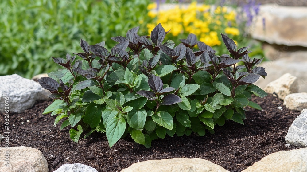 A compact basil plant with striking deep purple leaves nestled within a stone-bordered garden area. A compact basil plant with striking deep purple leaves nestled within a stone-bordered garden area.