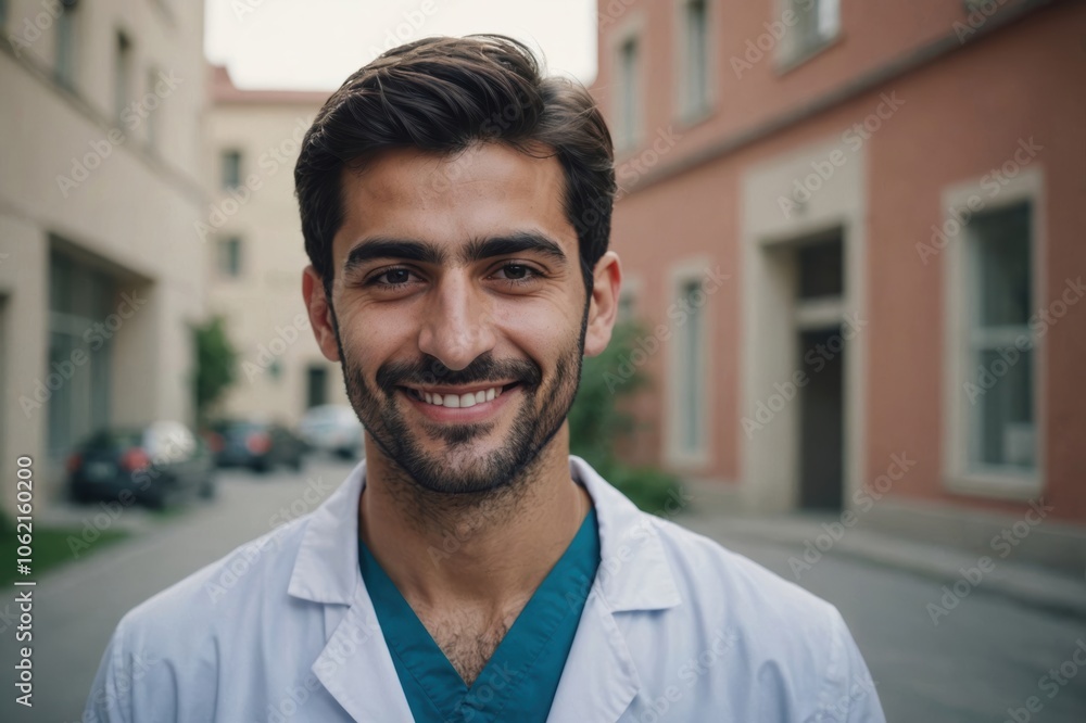 Close portrait of a smiling young Armenian man doctor looking at the camera, Armenian hospital blurred background Close portrait of a smiling young Armenian man doctor looking at the camera, Armenian hospital blurred background