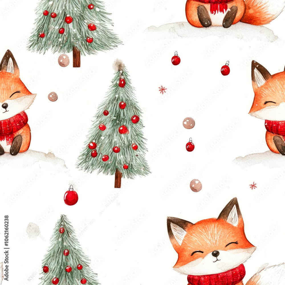 Cute foxes with Christmas trees on a white background, watercolor drawing, seamless. Cute foxes with Christmas trees on a white background, watercolor drawing, seamless.