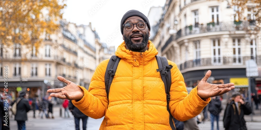 Man in orange jacket smiling in urban street during fall season. Man in orange jacket smiling in urban street during fall season.
