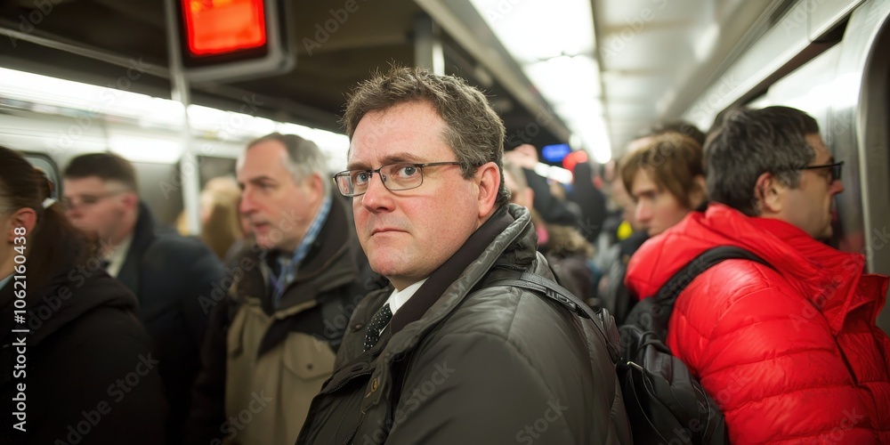 Fototapeta premium Man looking serious in crowded subway, urban commuter scene.