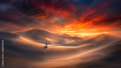 snowman stands alone in vast desert landscape, surrounded by rolling sand dunes under dramatic sunset sky. warm colors of sunset contrast beautifully with snowman, creating surreal and artistic photo