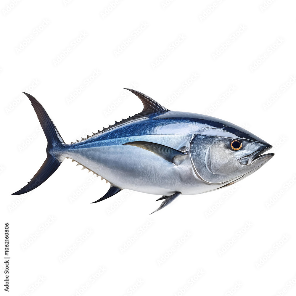 Bluefin tuna, side view, white transparent background image Bluefin tuna, side view, white transparent background image