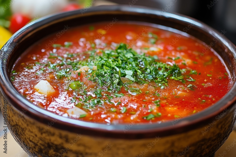 Ukrainian borscht with sour cream and parsley in rustic bowl Ukrainian borscht with sour cream and parsley in rustic bowl