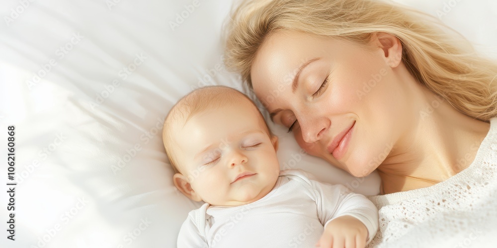 Mother and baby peacefully sleeping together in a cozy, serene environment. Mother and baby peacefully sleeping together in a cozy, serene environment.