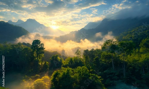 Wallpaper Mural A serene landscape at sunrise, showcasing lush forests and misty mountains. Torontodigital.ca