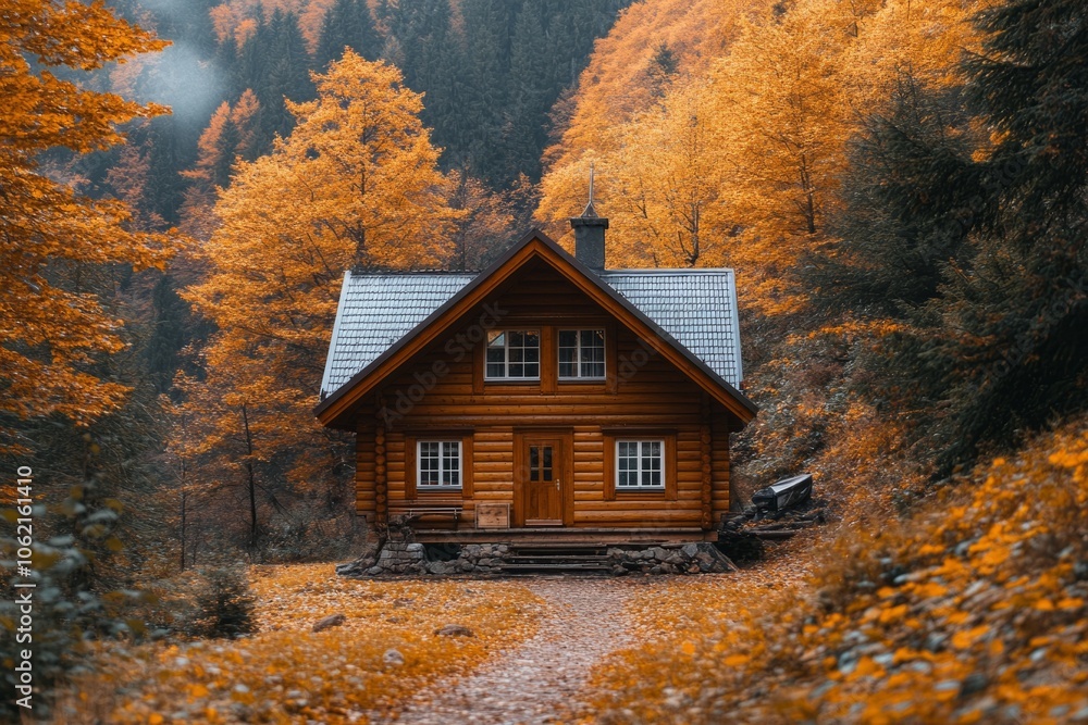 Cozy wooden cabin nestled in autumn forest Cozy wooden cabin nestled in autumn forest