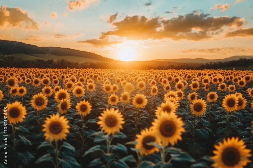 Obraz premium Sunflowers field at sunset creating a stunning landscape