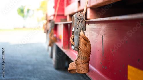 Close-up at locking device of safety latching strap that using for secure equipment or heavy object that transport on trailer truck. Transportation industrial equipment object, selective focus.