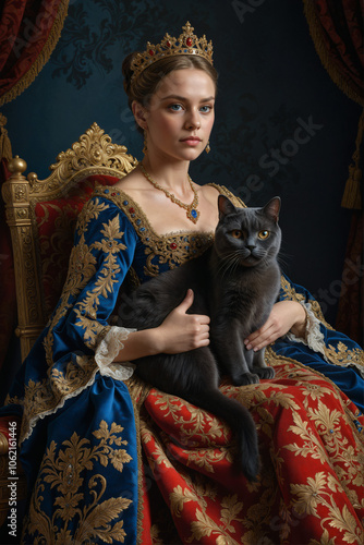 Renaissance-style portrait of a queen in royal attire sitting on the throne with a cat on her lap, Generative AI	