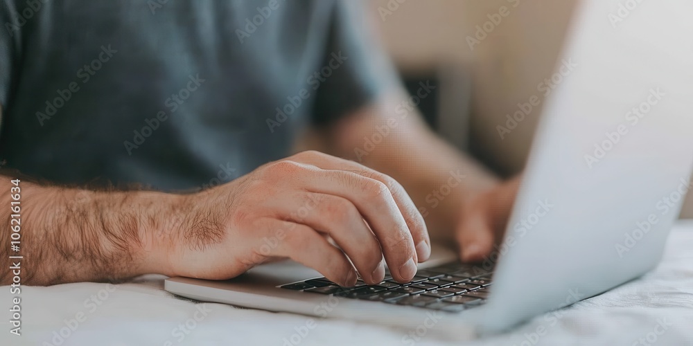 Person typing on laptop, focus on hands, white isolate background Person typing on laptop, focus on hands, white isolate background