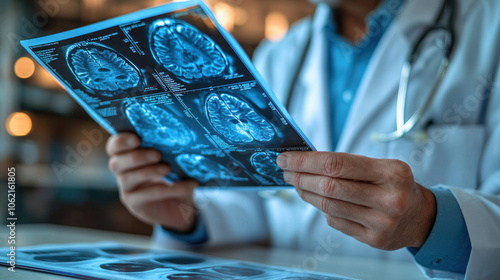 doctor examining a patient's x-ray on a lightbox, focused and professional atmosphere