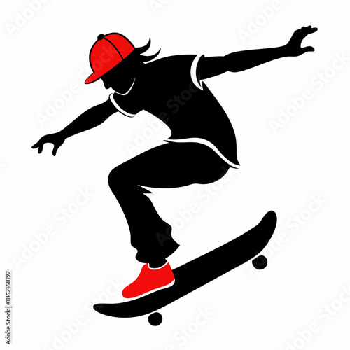 skateboarder vector silhouette black illustration doing a trick on white background