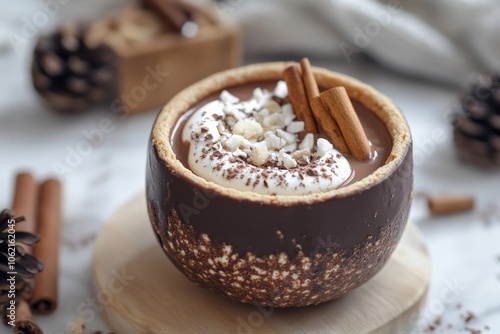 A decadent hot chocolate served in an edible cookie cup, allowing you to enjoy both a rich, warm drink and a sweet treat in a fun, zero-waste package photo