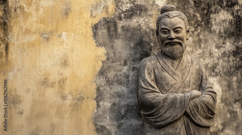 Wallpaper Mural A weathered stone statue of a man with a beard, his arms crossed, stands against a faded yellow wall. for philosophy quotes, copy space Torontodigital.ca