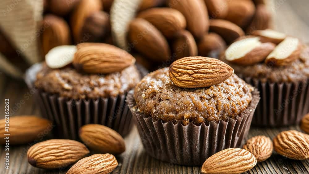 Almond cupcakes with a single almond on top, surrounded by whole almonds Almond cupcakes with a single almond on top, surrounded by whole almonds