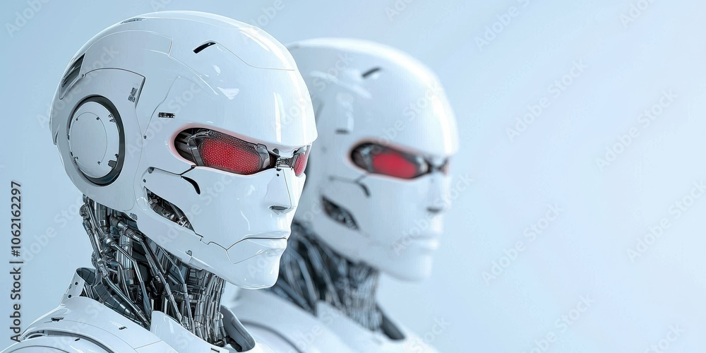 Fototapeta premium Robot heads with red eyes on a white isolated background.