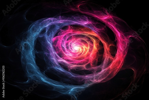 Abstract spiral of colorful smoke on a black background with vibrant hues of pink, purple, and blue creating a dynamic vortex effect