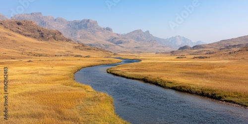 Serene river flowing through golden grasslands under a clear blue sky.