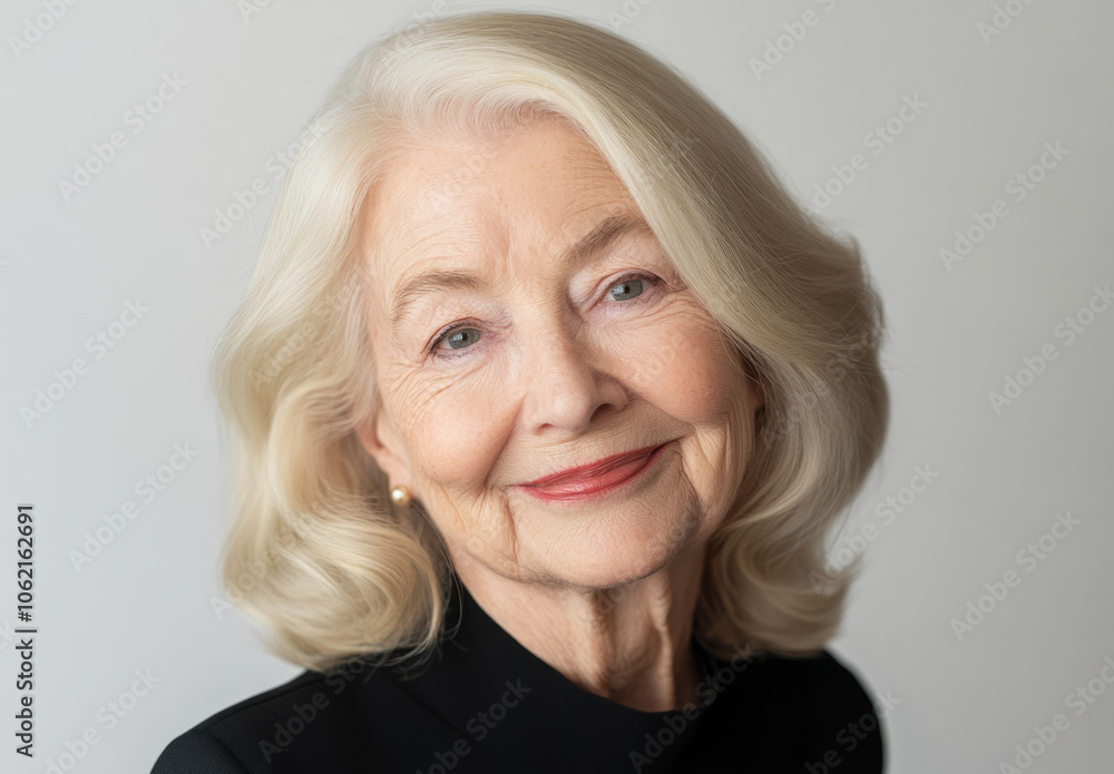 Smiling elderly woman with light hair in a neutral setting Smiling elderly woman with light hair in a neutral setting