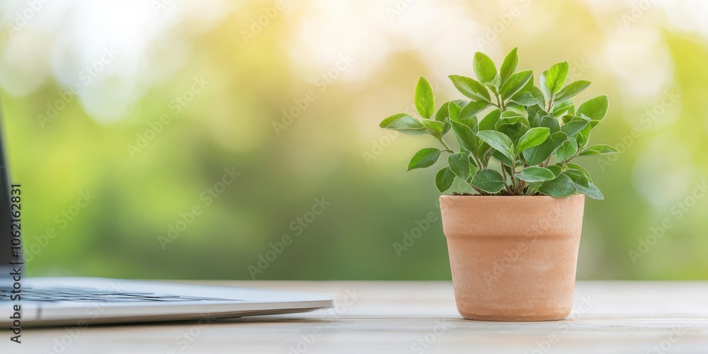Small potted plant next to a laptop on a wooden table with a soft, natural background. Small potted plant next to a laptop on a wooden table with a soft, natural background.