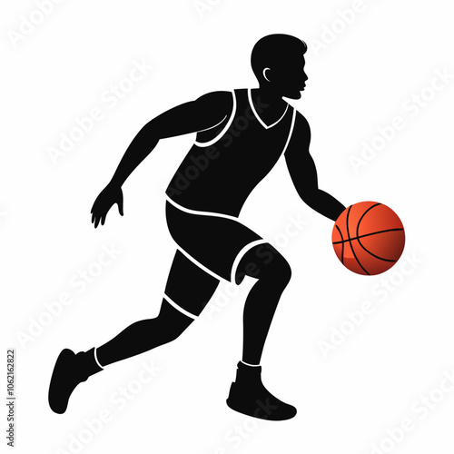 basketball player vector silhouette black illustration dribbling a ball on white background