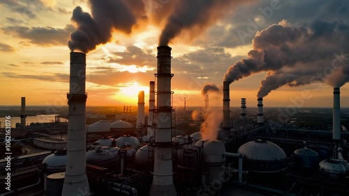 Sunrise over an industrial complex with smoke-emitting chimneys