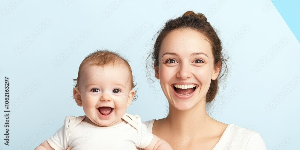 Smiling mother holding her cheerful baby against a light blue background. Smiling mother holding her cheerful baby against a light blue background.