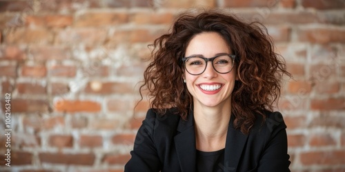 Smiling woman with curly hair and glasses, posing in a cozy brick wall setting.