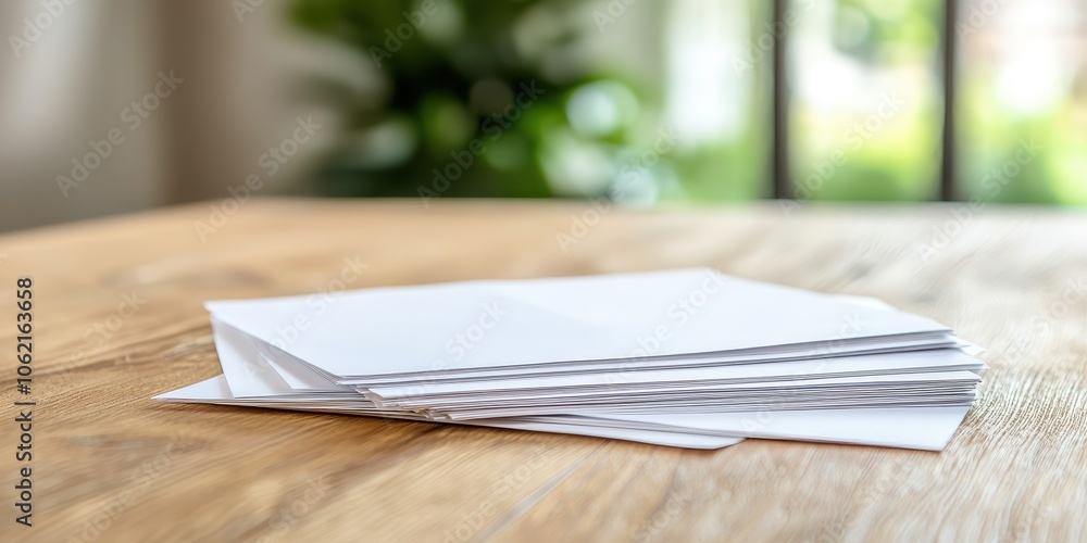 Stack of blank paper on wooden desk with natural light Stack of blank paper on wooden desk with natural light