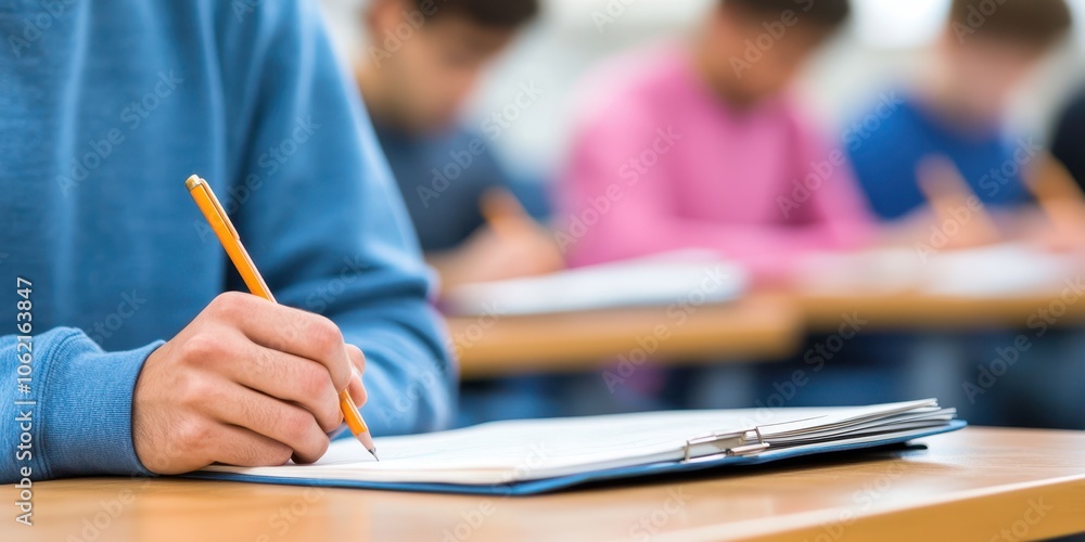 Student writing in a classroom during an exam, focused on their work. Student writing in a classroom during an exam, focused on their work.