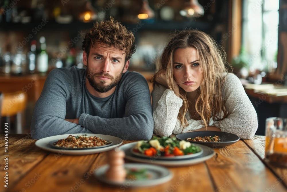 Couple at a rustic restaurant looking dissatisfied with their meals during dinner Couple at a rustic restaurant looking dissatisfied with their meals during dinner